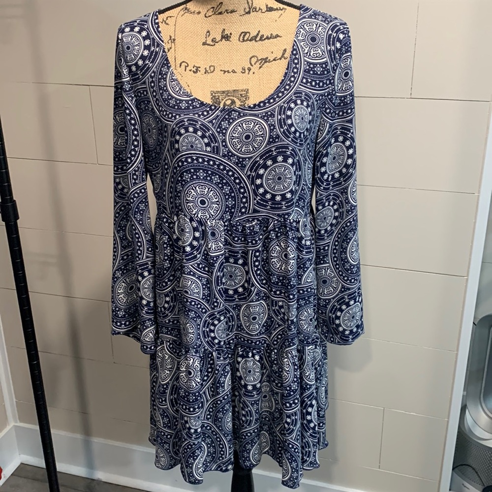 Derek Blue White Print MIDI Babydoll Dress